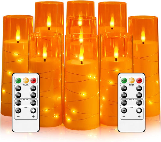 Flameless LED Candles with Timer 9 Pc Flickering Flameless Candles for Romantic Ambiance and Home Decoration Stable Acrylic Shell,with Embedded Star String，Battery Operated Candles（Orange）