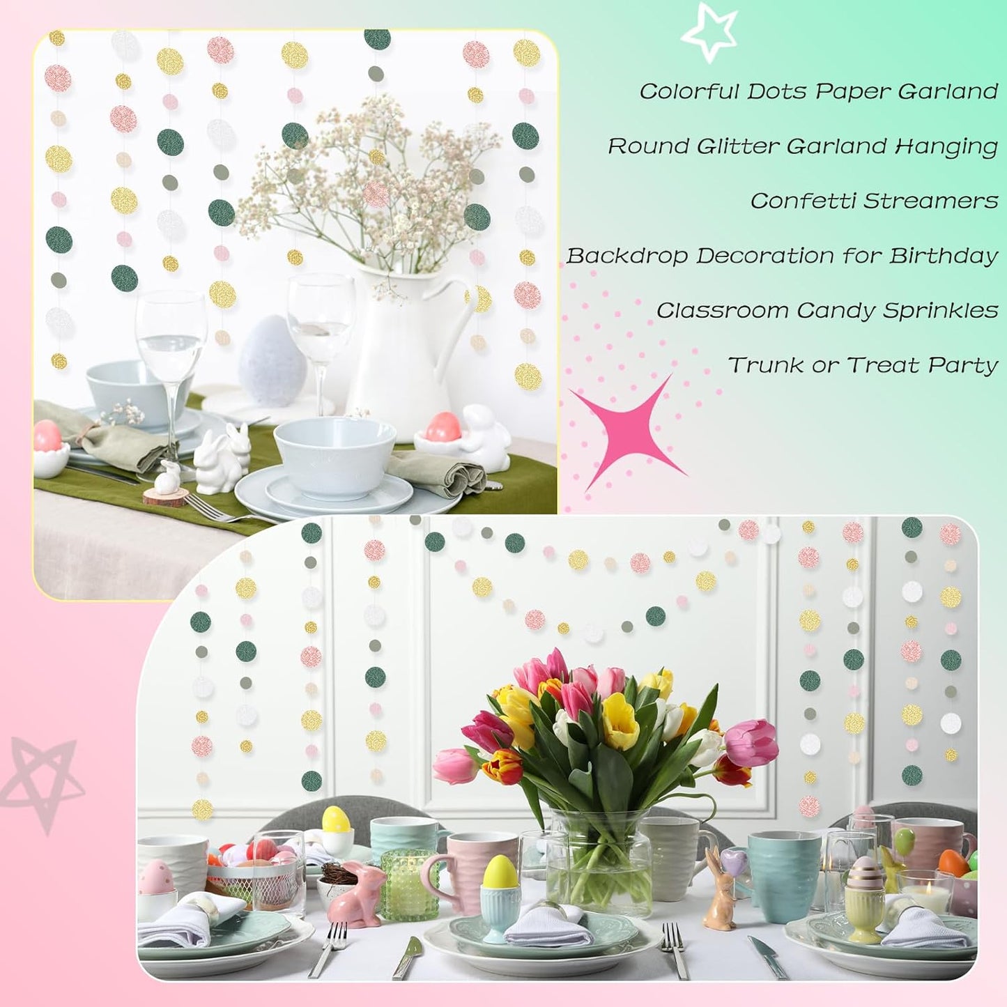 Outus 5 Pieces Colorful Dots Paper Garland Round Glitter Garland Hanging Confetti Streamers Backdrop for Candy Birthday Classroom Halloween Trunk or Treat Car Decoration (Sage Green,Pink,Gold)