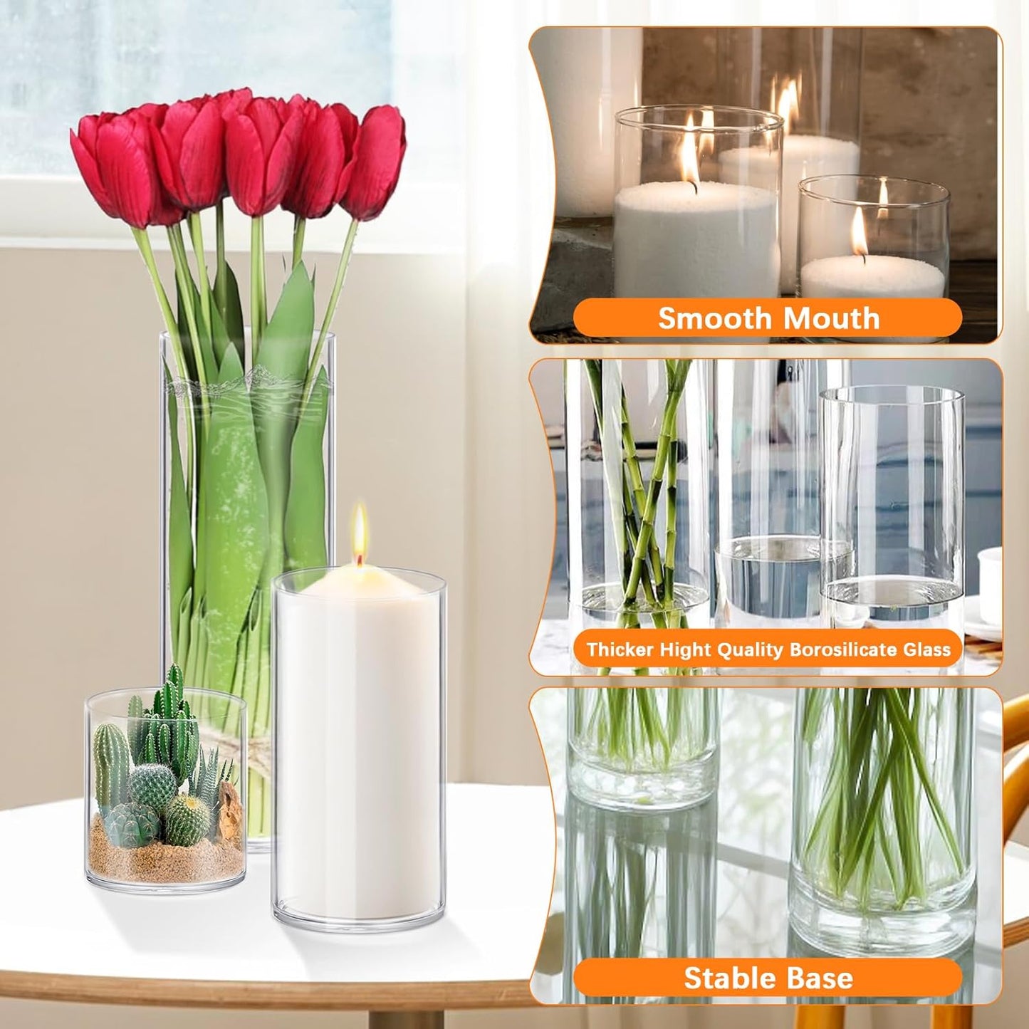 16 Pack Glass Cylinder Vases 4,6,8,10 Inch Tall Clear Flower Vase Hurricane Floating Candle Holder for Table Centerpiece Wedding Home Decor