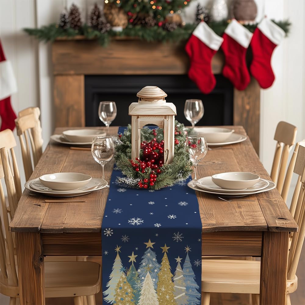 GEEORY Christmas Table Runner 13x72 Inch, Xmas Trees Snowflakes Holiday Decorative Farmhouse Table Decoration for Kitchen Dinning, Indoor Outdoor Dinner Party Decor (Blue) GT151-72