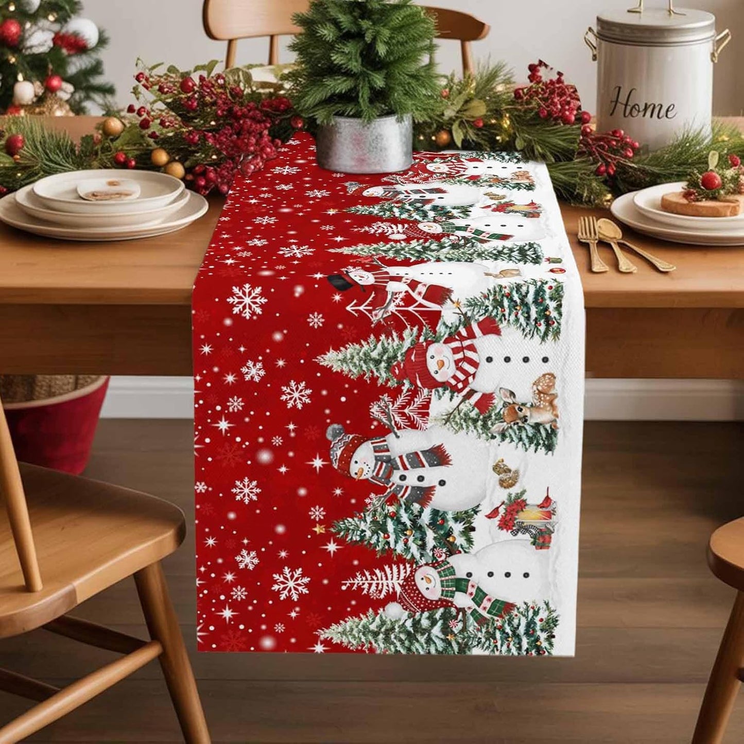 Christmas Snowman Cotton Linen Table Runner for Dining Kitchen, Xmas Tree White Snowflakes Winter Wedding Outdoor Party Tablerunners Decoration, Dresser Scarf Coffee Tablecloth Runners 13x48 Inches