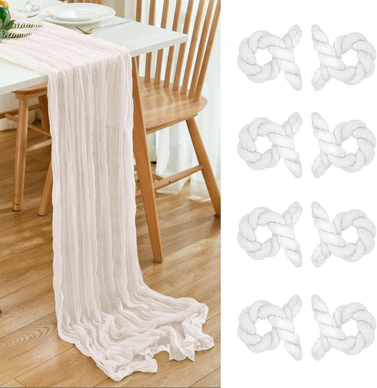 8 Pack 10Ft Cheesecloth Table Runner 35x120 inch White Boho Gauze Long Table Cloth Wrinkled Sheer for Wedding Bridal Shower Birthday Party Table Decor