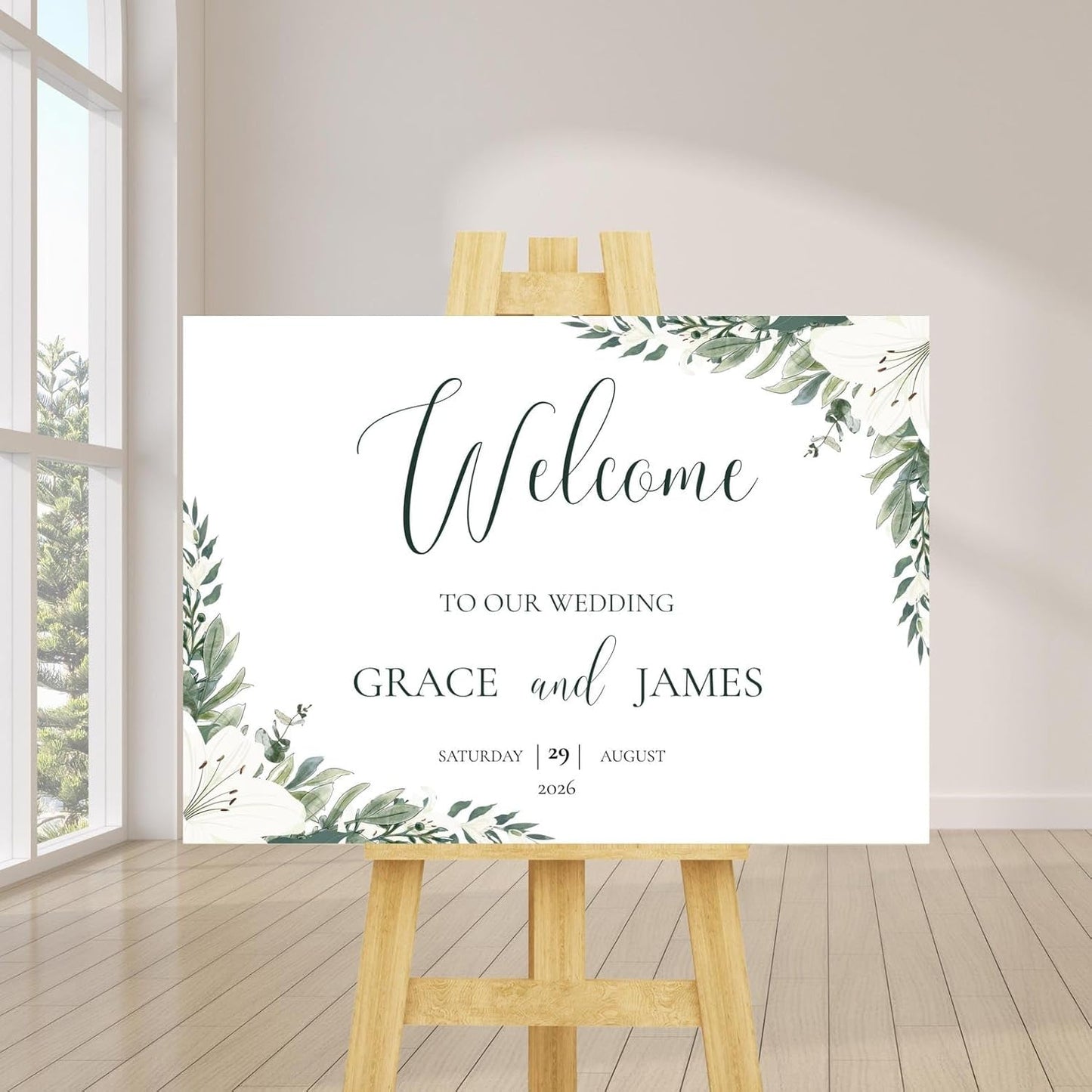 Welcome Wedding Signs, Elegant Greenery Eucalyptus Wedding Sign Decorations Signage 12" X 18" (Small), 27" (Medium), 36" (Large), Plastic, Modern, Pole Mount, Weather