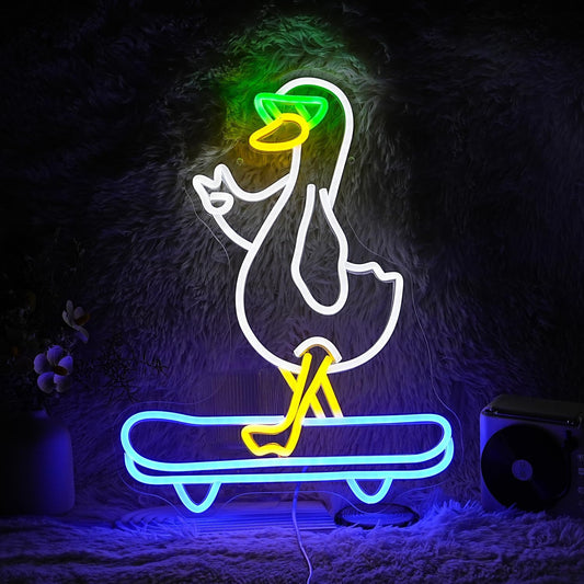 Duck Neon Sign Cool Skateboard Glasses Duck Neon Light for Wall Decor Dimmable Duck Light Up Sign Powered by USB for Living Room Kids Room Art Wall Decor Boys Girls Gifts (16.7”*12.8”)