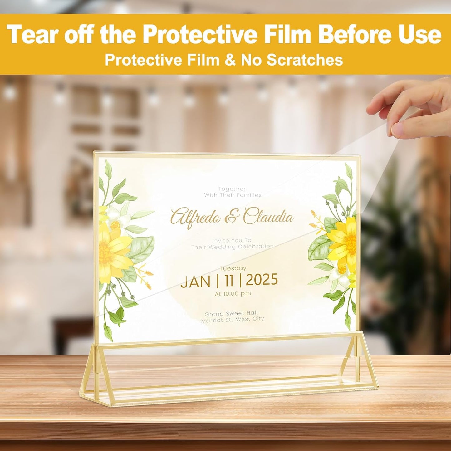 EHWINE 12 Pack Acrylic Sign Holder 8.5 x 11 Horizontal, Double-Sided Stand up Table Top Sign Holders, Gold Acrylic Picture Frame Menu Flyer Paper Holder Display Stand for Office Business Store Wedding Party