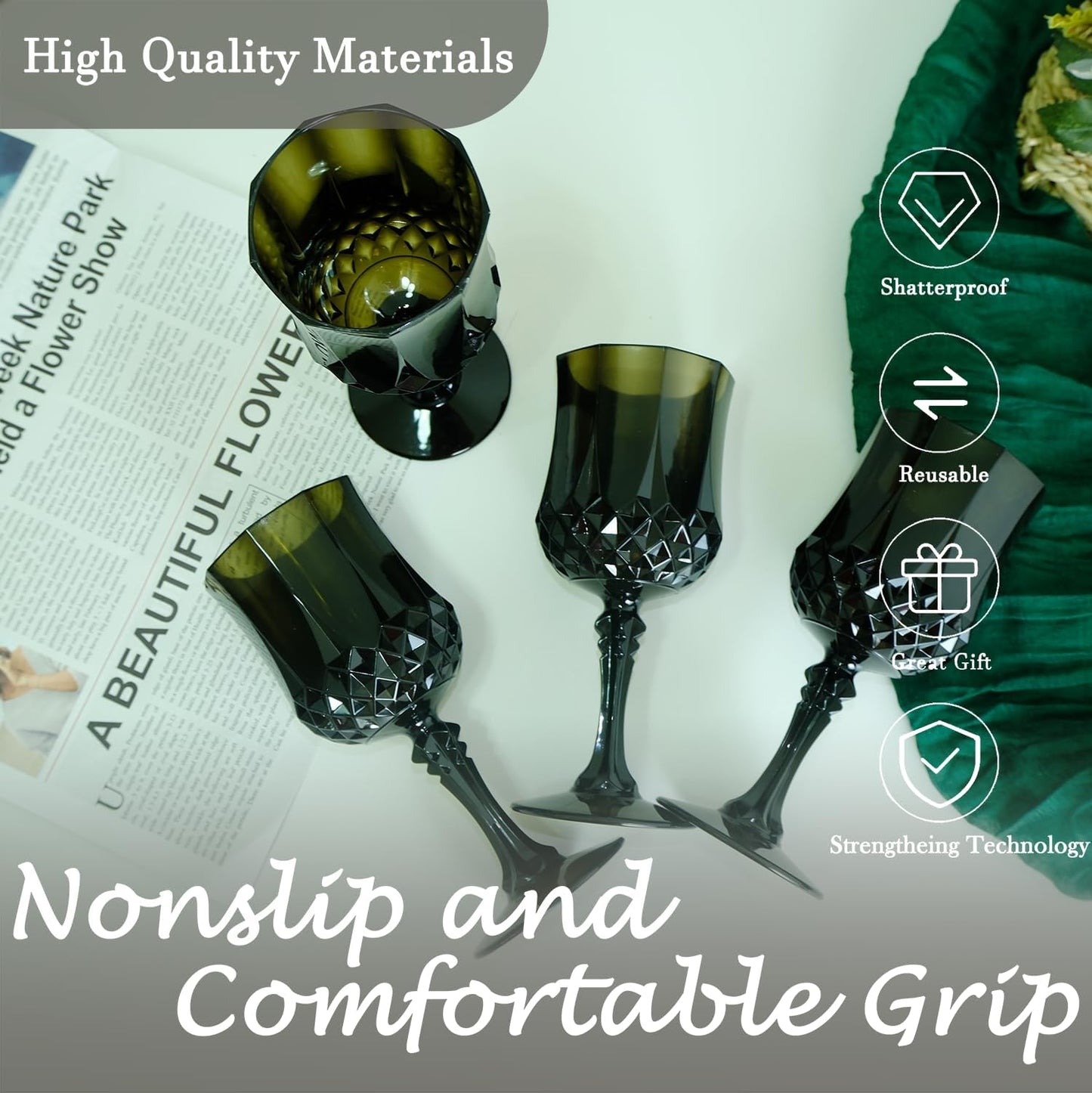 Plastic Wine Glasses，Plastic Goblets Vintage Style Cordial Drinking Glasses for Wedding Reception, Halloween Grand Event Party Supplies (12, Black)