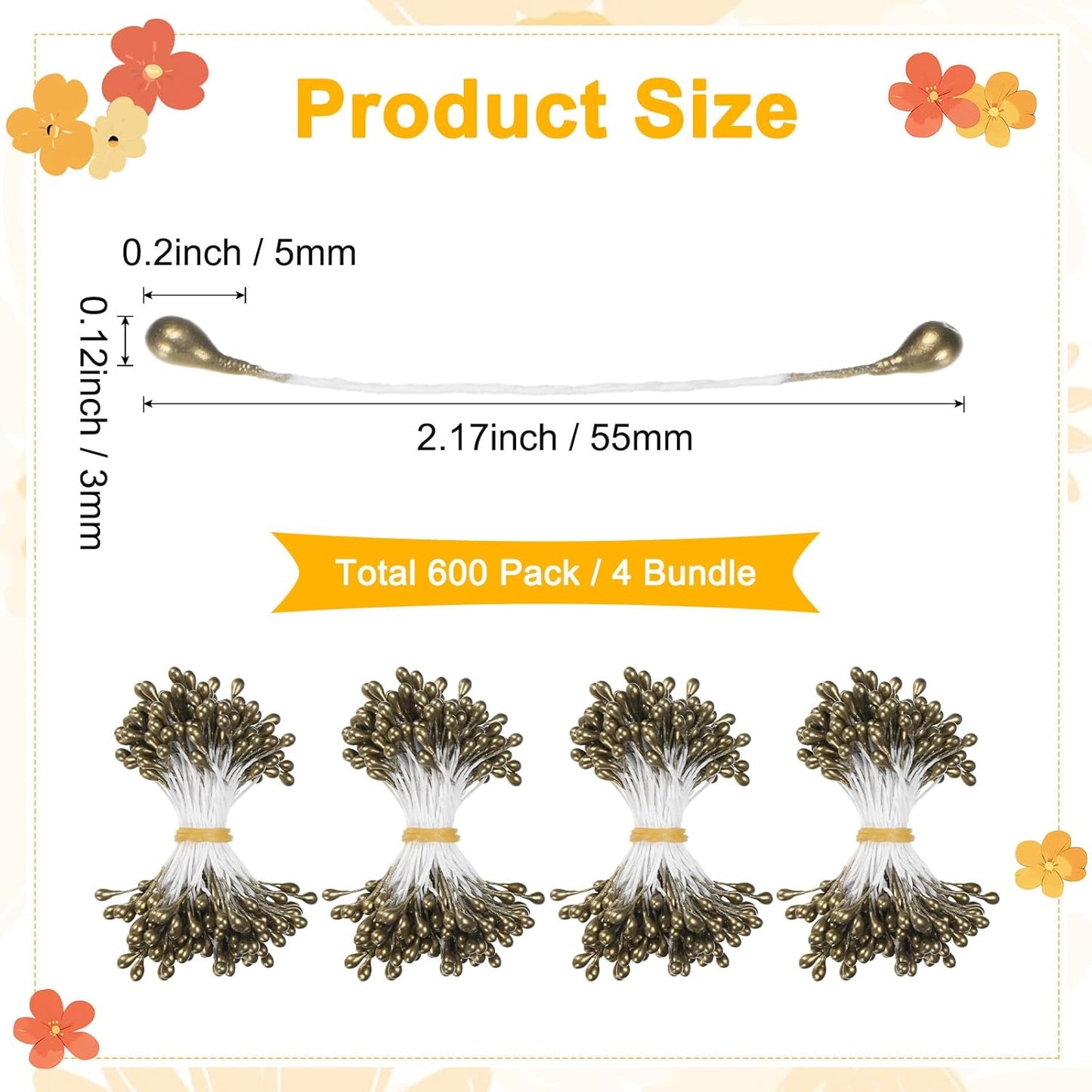 600-Pack Flower Stamens for Crafts, 5mm Double Heads Artificial Pearl Floral Pistil Mini Flower Pollens Stamens for DIY Making/Wedding/Scrapbook Decoration [Golden Coffee]
