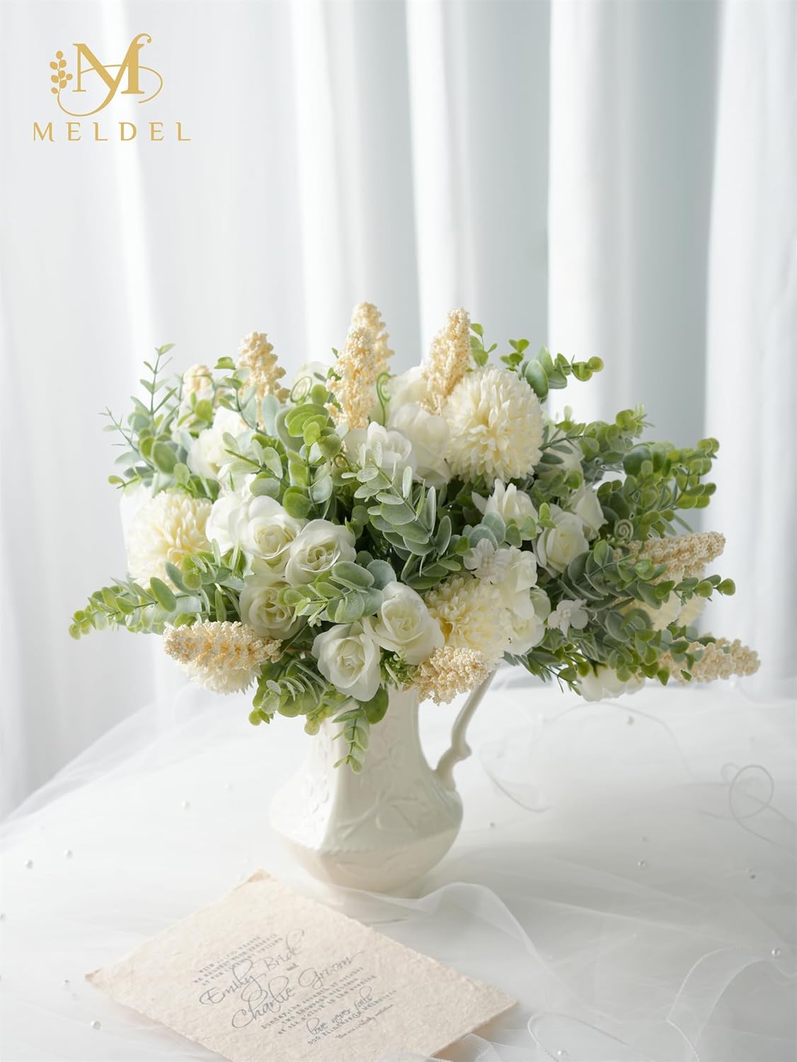 Meldel 3Pcs Rose Bouquet Artificial Fake Flowers Eucalyptus Plants Silk Flower Arrangements Wedding Bouquets Decorations Plastic Floral Table Centerpieces for Home Kitchen Garden Party Decor (White)