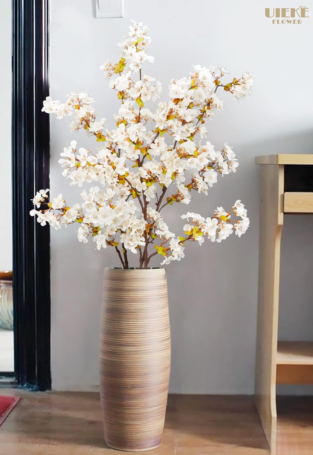Uieke Silk Cherry Blossom Branches, 39.3in Artificial Cherry Blossom Tree Stems, Fake Plum Blossom Flowers Arrangement for Wedding Home Japanese Decor, Set of 3, White
