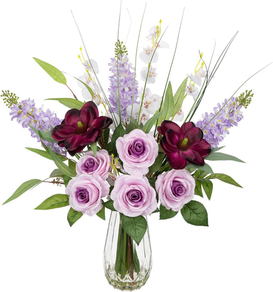 Briful Large Artificial Flowers Floral Arrangement, Mixed Purple Rose, Lilacs, White Orchids Potted Fake Silk Flowers in Clear Vase with Faux Water, Eucalyptus Stem Decor, Elegant Home Office Décor