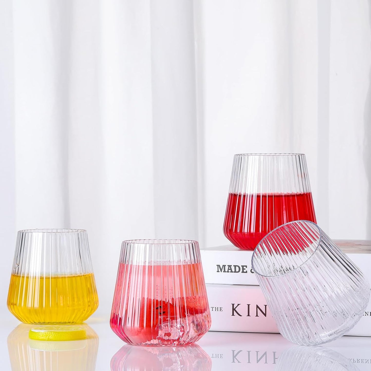 Suclain 20 Pcs Plastic Wine Glasses Ribbed Stemless Wine Glasses 14oz Vertical Design Unbreakable Cups for Outdoor Indoor Vintage Elegant Champagne Whiskey Glasses for Christmas Party Wedding