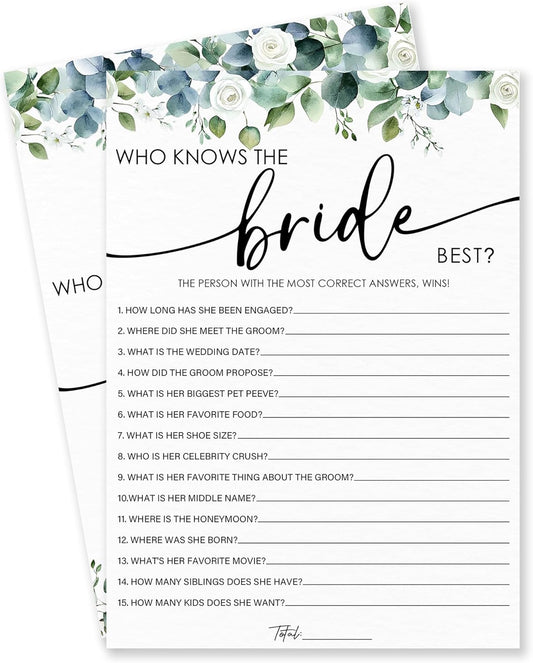 Who Knows The Bride Best - Botanical Bridal Shower Game Cards - 50 Pcs Eucalyptus Leaves Game Cards - Funny Wedding Party Games for Bride & Groom - Activities for Bachelorette Party - A01