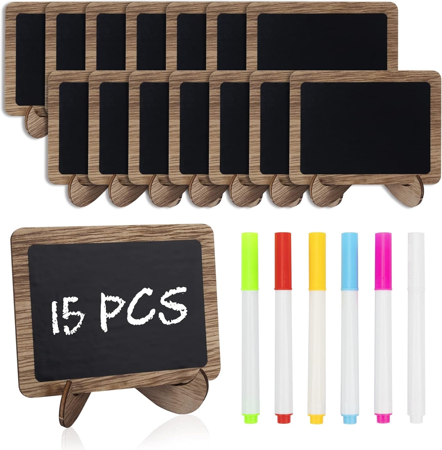 Temlum 15 Pcs Mini Chalkboard Sign with 6 Color Chalk Markers, 2.9″ x 3.9″ Wooden Blackboard Reusable Small Chalkboards for Food, Buffet, Message Board, Table Number (Rustic Brown)