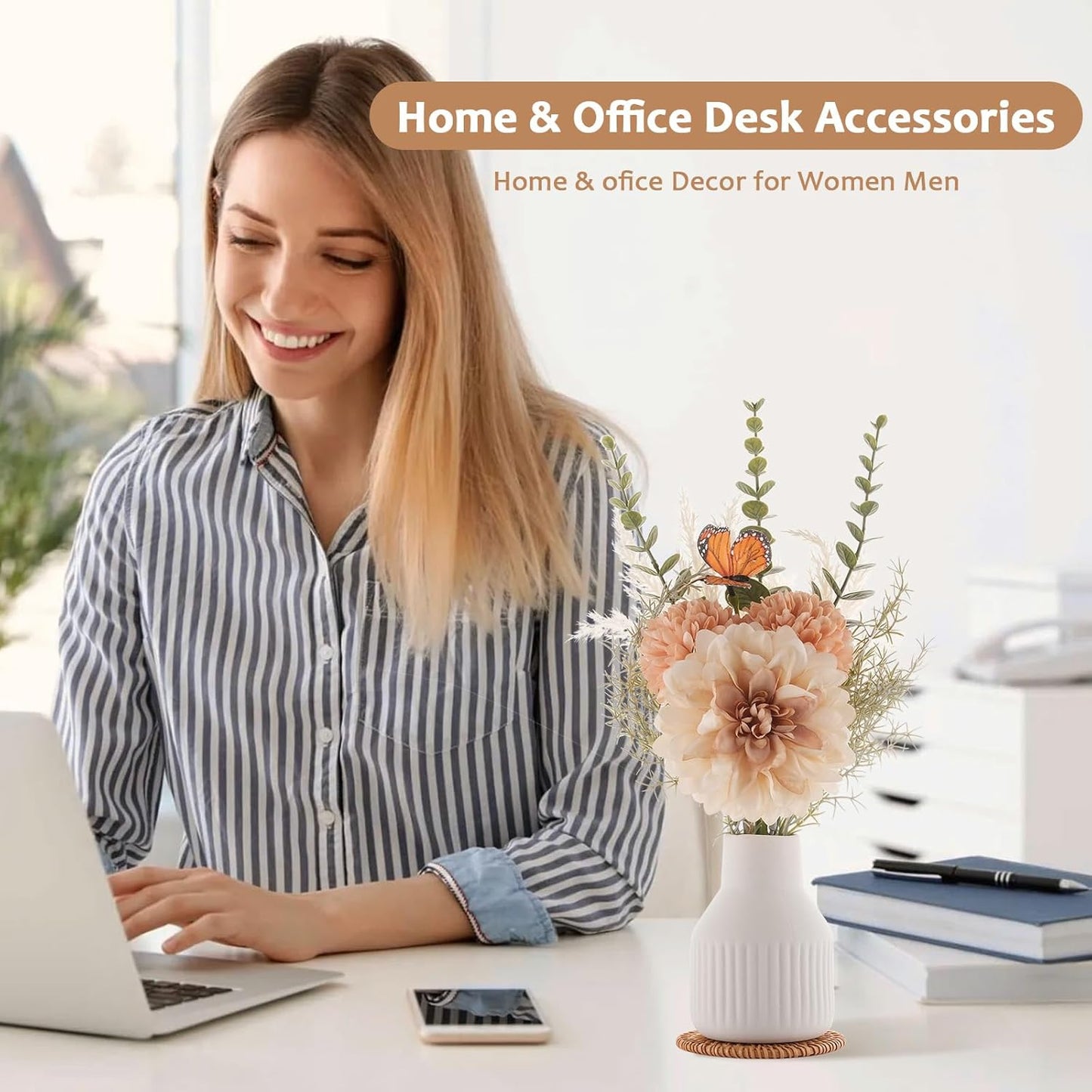 Small Fake Flowers in Vase 14" Centerpiece Table Decorations Silk Flowers Arrangements Ceramic Vase Dahlia Chrysanthemum Artificial Flowers Bouquet for Bathroom Dining Room Kitchen Wedding (White)