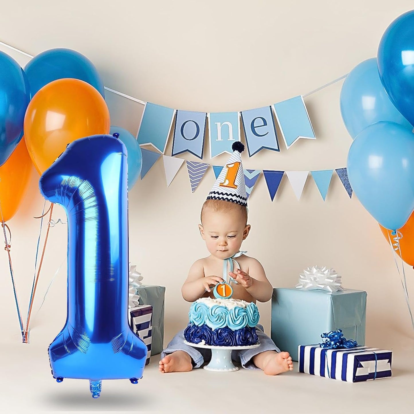 40 Inch Navy Blue Number 1 Balloon, Dark Royal Blue Large Self Inflating Foil One Balloons for 1st Birthday Decorations Boys Girls, Digital 1 Helium Balloon for First Birthday Baby Shower Anniversary