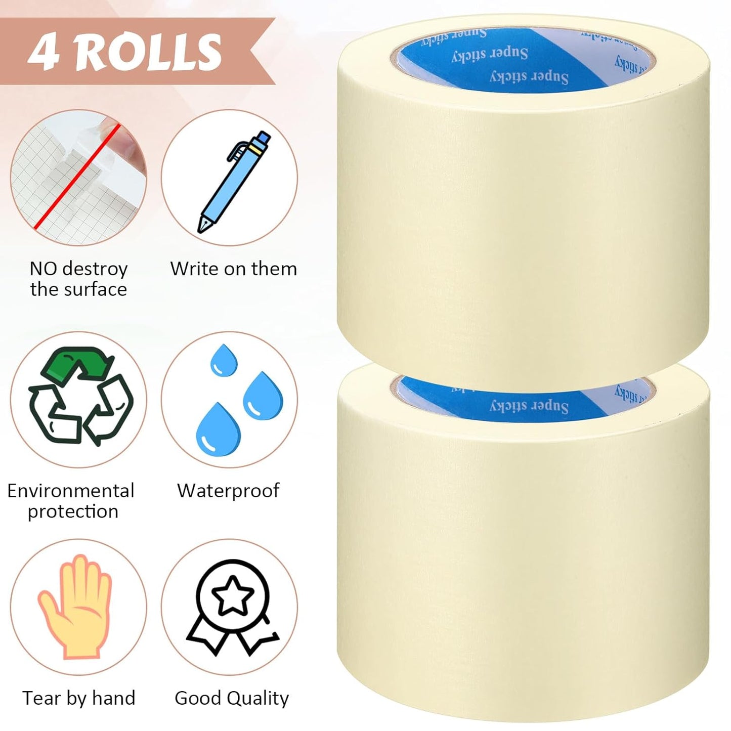 Masking Tape Bulk General Purpose Masking Painting Tape 55 Yards for Painting Home Office School Stationery Arts Crafts Basic Use, Easy Removal(4 Rolls,4 Inch)
