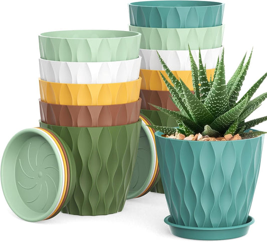 4 Inch Small Pots for Plants, 12 Pack Waffle Texture Small Plant Pots for Succulents, Plastic Planter with Drainage Holes and Saucers for Indoor Outdoor Plants, Flowers, Herbs, Seedlings, Colorful