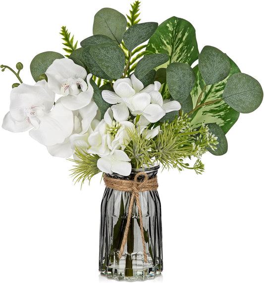 White Orchids Artificial Flowers with Vase Fake Flower in Vase Artificial Eucalyptus Stems in Glass Vases with Faux Water Faux Orchid with Evergreen Plant Arrangement for Dining Table Centerpiece