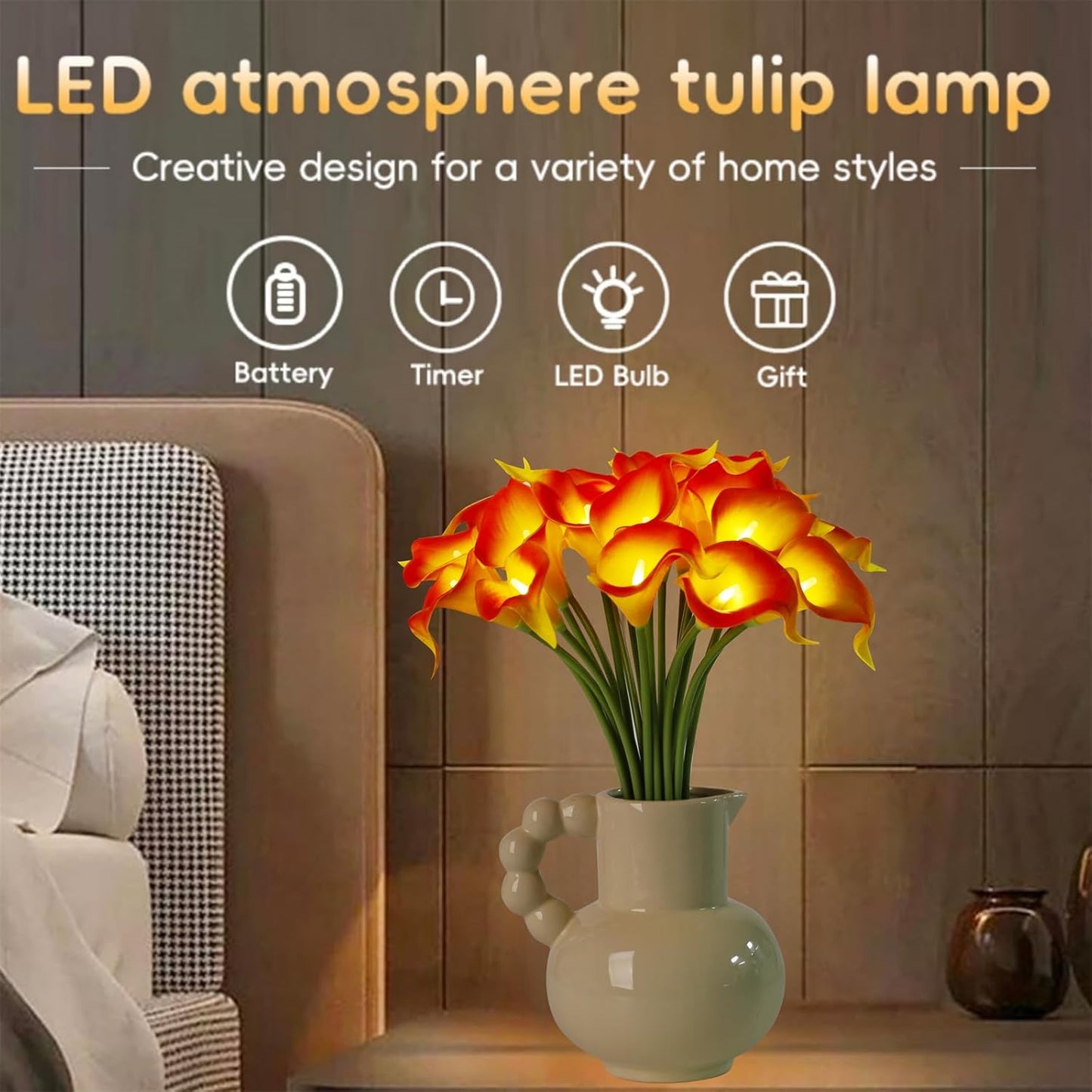20pcs Artificial Calla Lily Bouquet Lamp Faux Floarl Night Light Real Touch Flower Night Lamp LED Calla Lily Artificial Flower Light for Christmas Gifts Home Kitchen Decor(Orange)