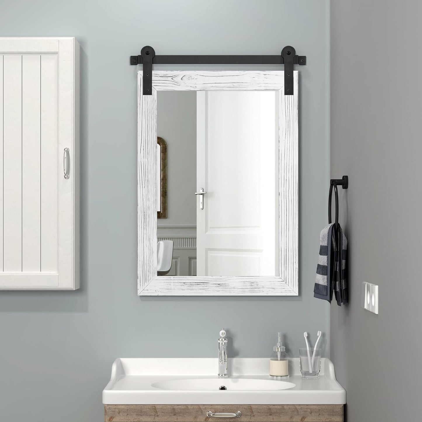 COGOOD Farmhouse Bathroom Mirror - 30 x 21 Rustic Wood Framed Wall Barn Door Mirror for Entryway, Living Room, Vanity Wall Decor (White)