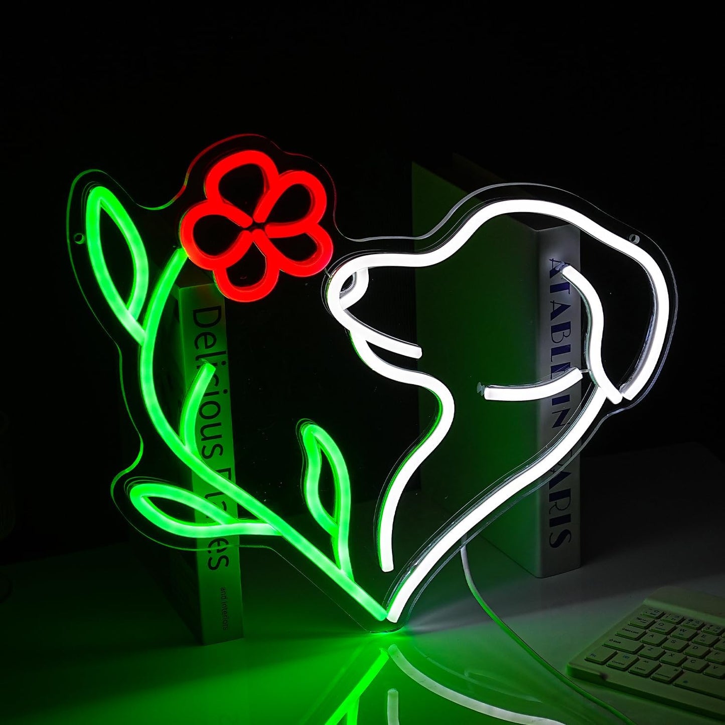 Cute Dog Neon Sign LED Flower Neon Light Suitable for Wall Decor Powered by USB Dimmable Love Dog Light Up Sign for Pet Shop Flower Shop Bedroom Gifts For Lover(15.7 * 12.4In)