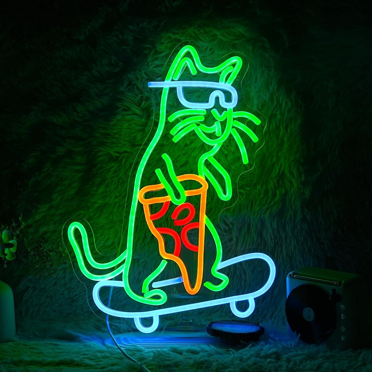 Skateboard Cat Neon Sign LED Cool Glasses Cat Neon Light for Wall Decor Pizza Neon Light Sign Dimmable USB Cat Pizza Light Up Sign for Bedroom Pizza Restaurant Pet Shop Gift (16.7 "*12.2 ")