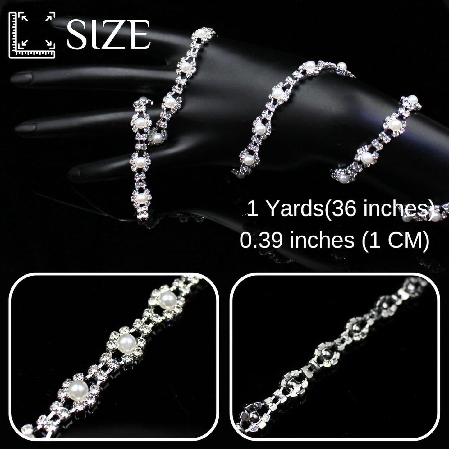 1 Yard Pearl Rhinestone Trim Chain Silver String Crystal Applique Fringe Ribbon Strips Beads Sewing Dress DIY Party Wedding Bouquet for Decoration Bridal Costume Embellishment