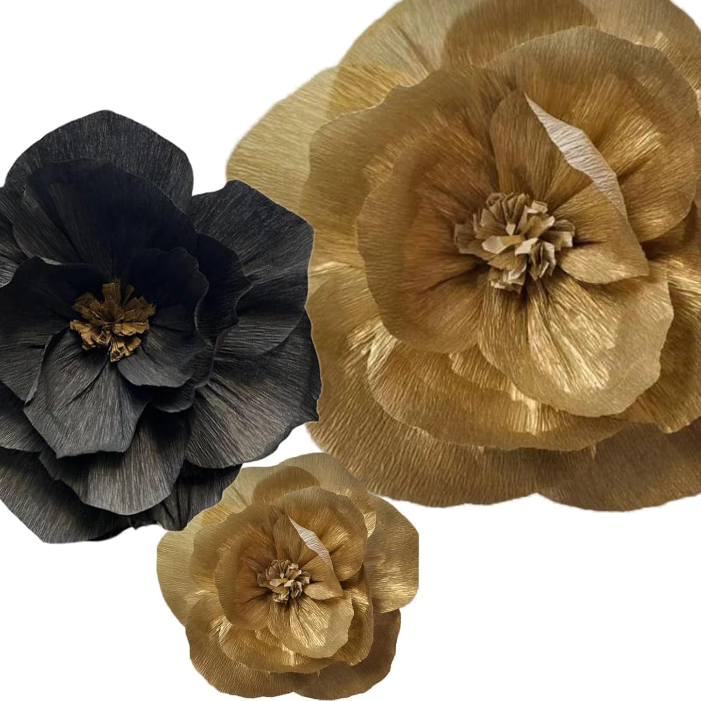 BRT Bearingshui Crepe Paper Flowers Decoration for Wall Total 6 Pcs, Artificial Flowers for Wedding Decor,Flower Backdrop Decor, Baby Bridal Shower Birthday Party, Black Gold 3D Wall Flowers Decor
