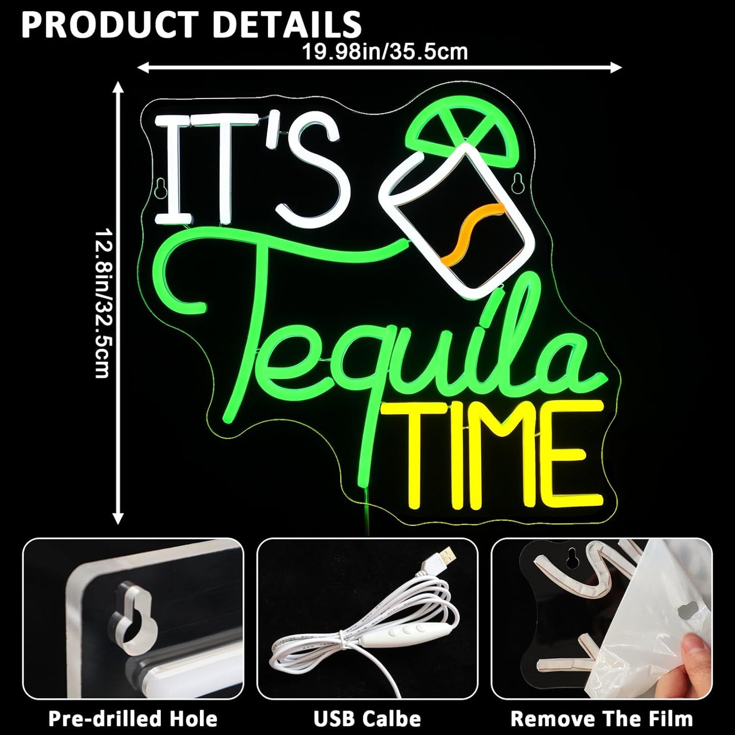 It Is Tequila Time Neon Sign for Wall Decor, Tequila Led Signs, USB Dimmable Neon Lights for Beer Bar Kitchen Restaurant Home Pub Party Man Cave Club Shops Hotel Store Business Gift