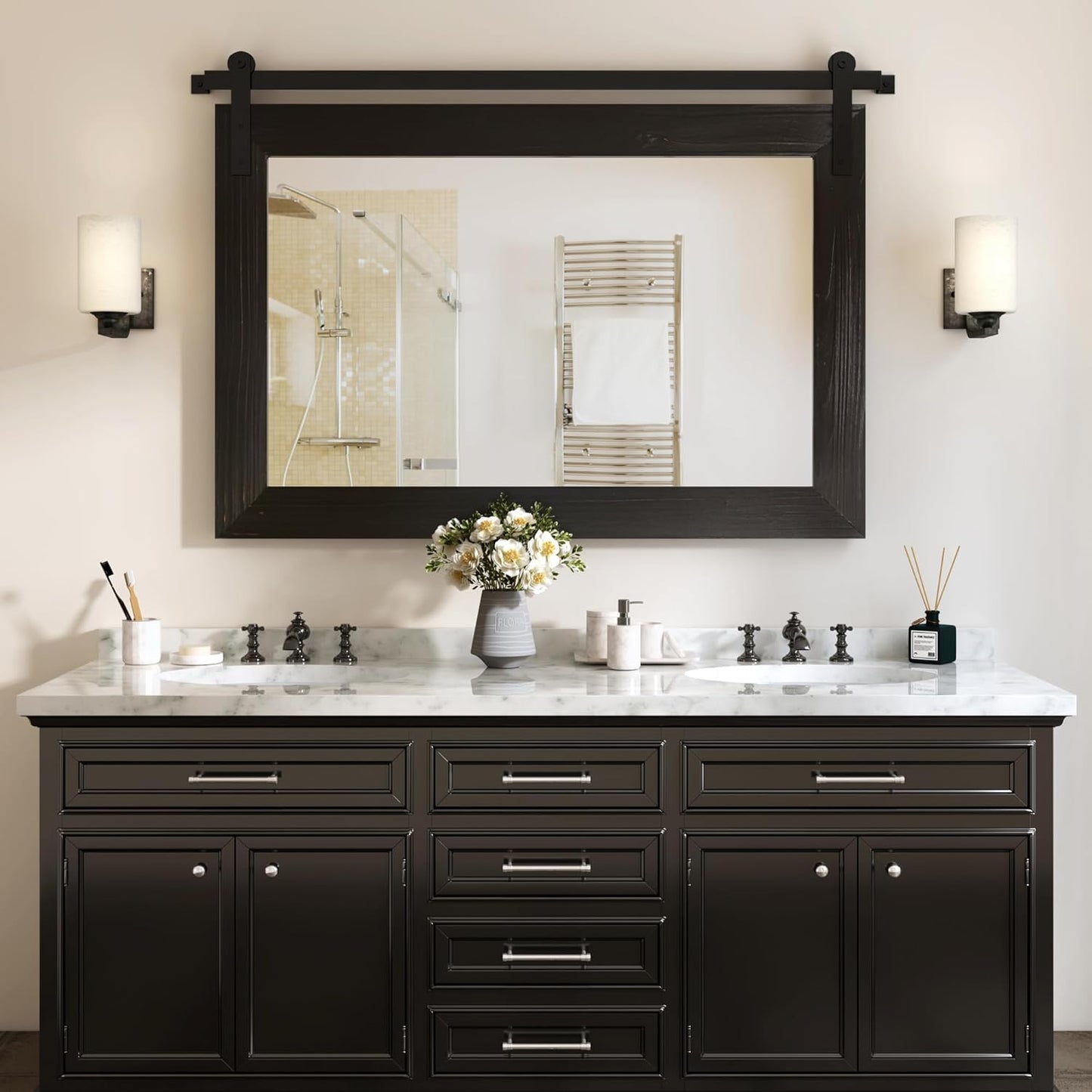 COGOOD Farmhouse Bathroom Mirror - 41" x 30" Rustic Barn Door Mirror for Living Room, Entryway, Bedroom, Vanity Wall Decor (Black)