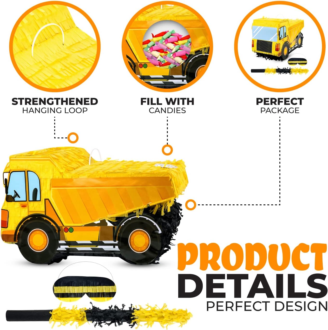 Small Dump Truck Pinata Bundle with a Blindfold and Bat(16 x 9 x 6.5 Inches), Kids Excavator Pinata for Construction Birthday Parties, Boys Birthday Party Supplies