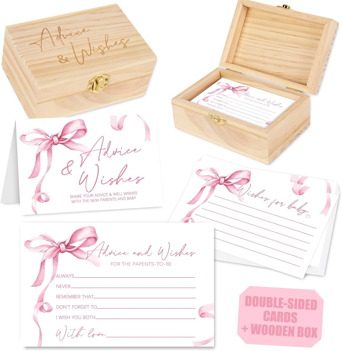 50Pcs Baby Shower Advice Cards Double-Sided Pink Bow Advice and Wish Cards with Wood Box for New Parents Baby Shower Gender Reveal Supplies