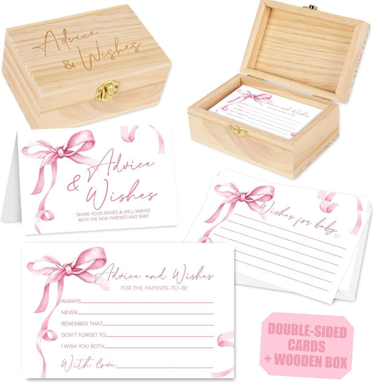 50Pcs Baby Shower Advice Cards Double-Sided Pink Bow Advice and Wish Cards with Wood Box for New Parents Baby Shower Gender Reveal Supplies