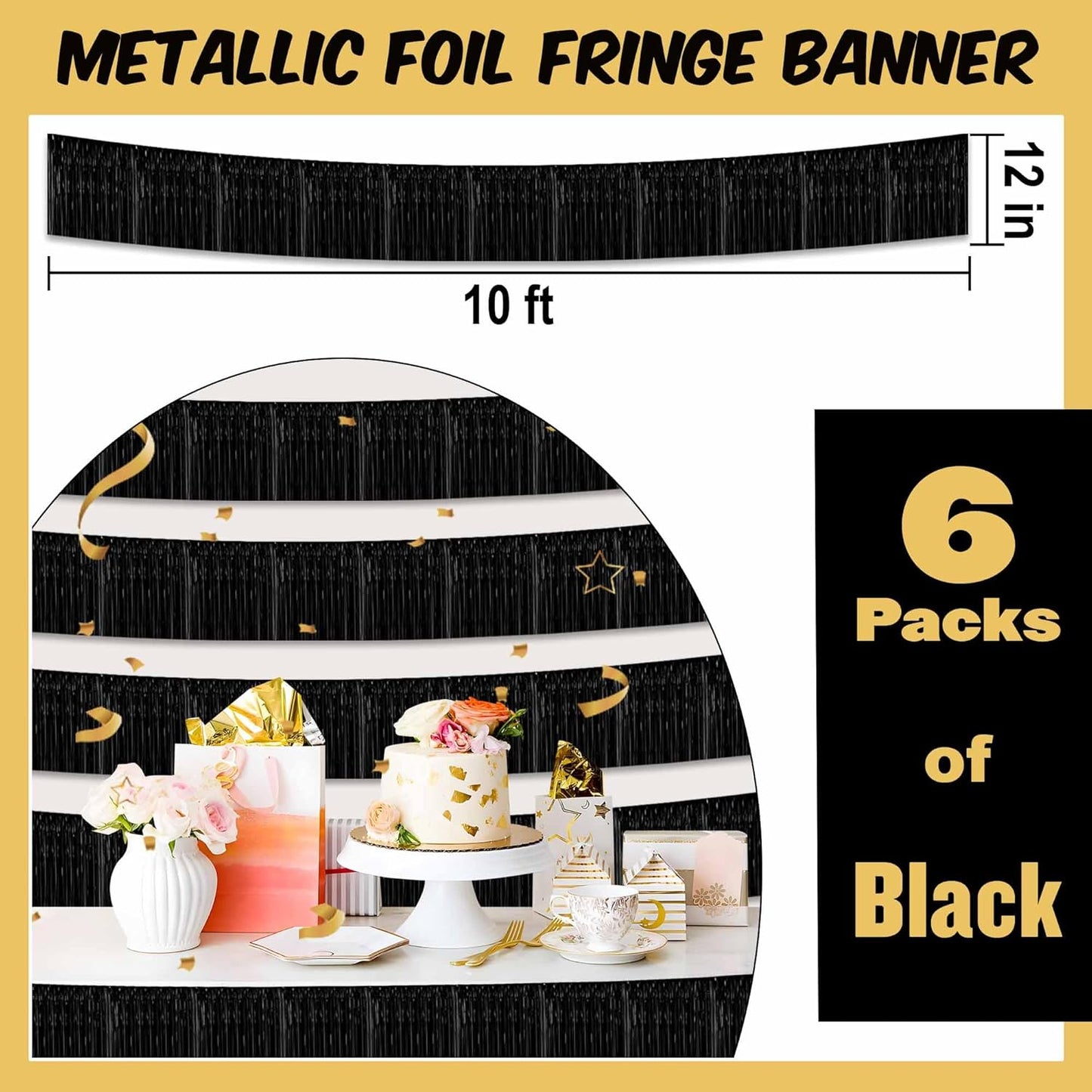6 Pack 10 Ft Black Foil Fringe Garland Metallic Streamers Tinsel Banner Wall Hanging Garland Backdrop for Parade Floats, Halloween, Christmas, Thanksgiving, New Year Party Decorations
