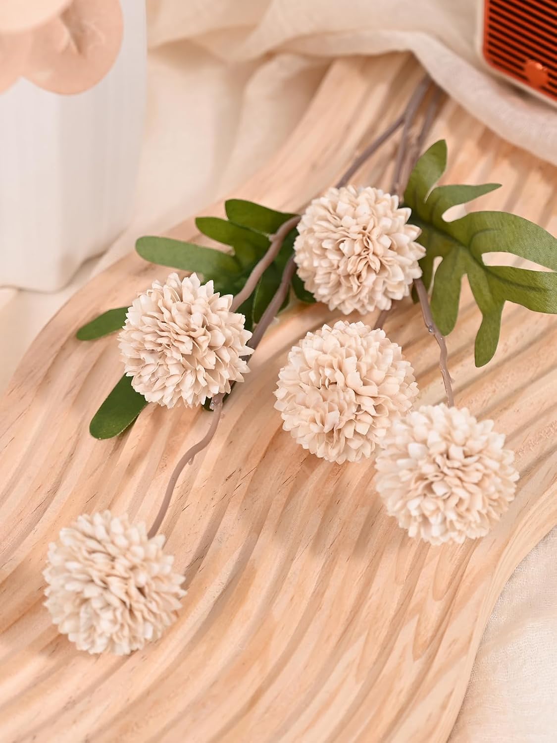 Waipfaru 10pcs Fake Silk Pompon Mum Artificial Flowers, Bulk Faux Mini Chrysanthemums with 2pcs Eucalyptus Stems, for Centerpieces Wedding Fillers Champagne Arrangements Boho Decor, No vase, Beige