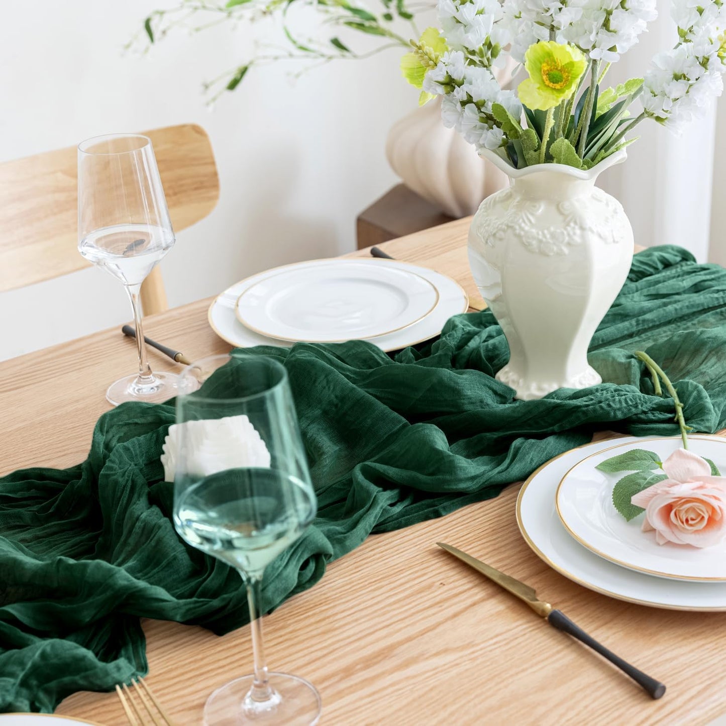 Asee'm 12PCS Table Runner Cheesecloth 10FT Emerald Green Boho Gauze Fabric Rustic Sheer Cheese Cloth Runners for Wedding Bridal Shower Party