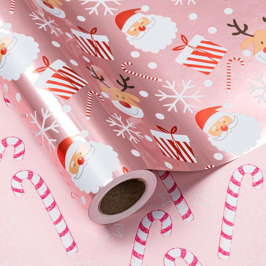 LeZakaa Christmas Pink Wrapping Paper Jumbo Roll, Santa Claus & Candy Cane, Metallic Foil, Rose Gold Foil Reversible Design for Festive Winter Holiday, Family Gathering, 30 inches x 100 Feet