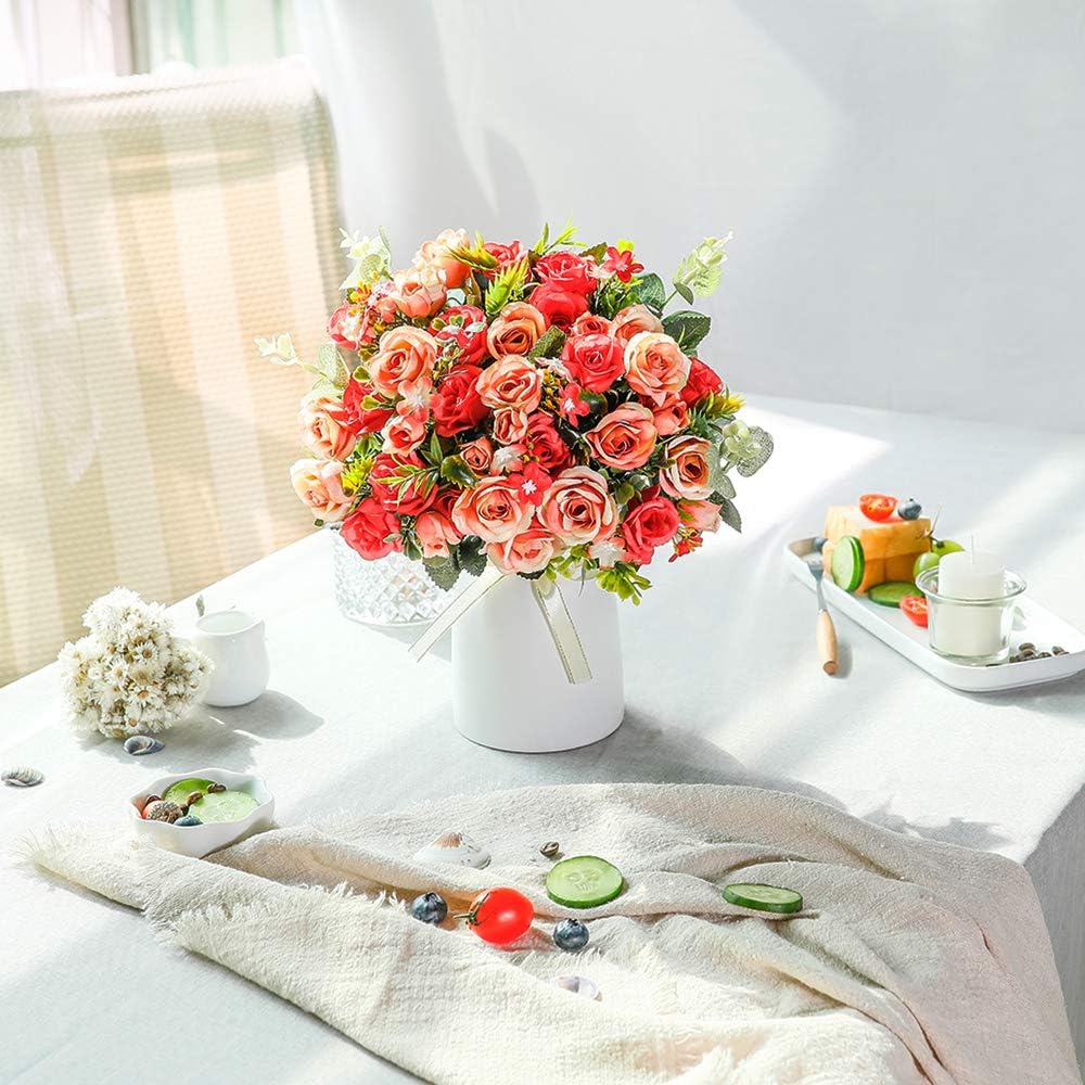 LESING Artificial Silk Rose with Vase Fake Flowers Wedding Flowers Bouquets Arrangement Home Office Party Centerpiece Table Decoration (Red)