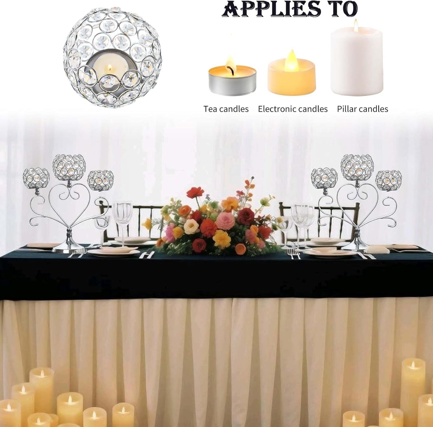 6 Pcs Silver 3-Arm Heart Tea Light Candle Holder - Crystal & Metal Wedding Centerpiece Decor, Sparkling Table Decor for Anniversaries/Romantic Tabletop Home/Dinner Party/Events