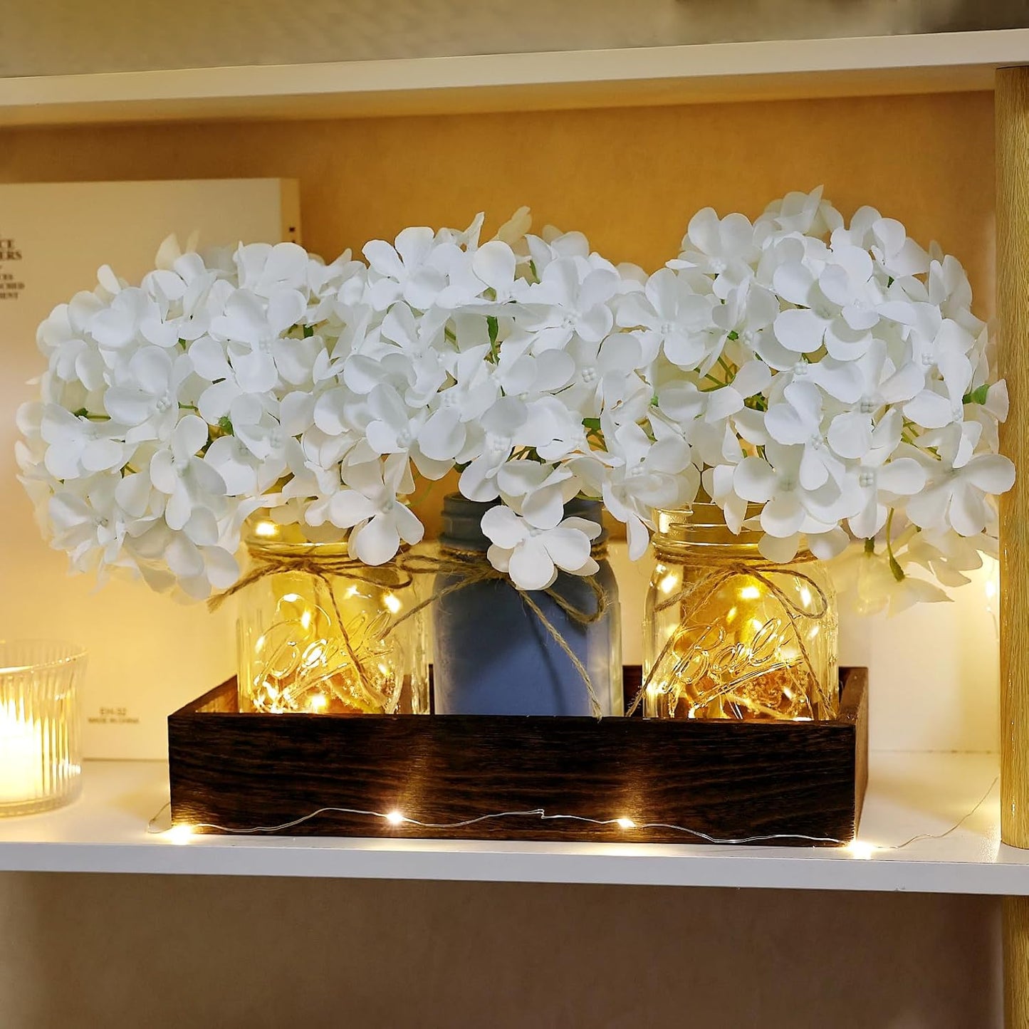Mason Jar Lights Centerpiece Table Decor for Dining Room Farmhouse Coffee Table Decor with Wood Tray Fairy Lights Fake Hydrangea Flowers for Kitchen Living Dining Room - White
