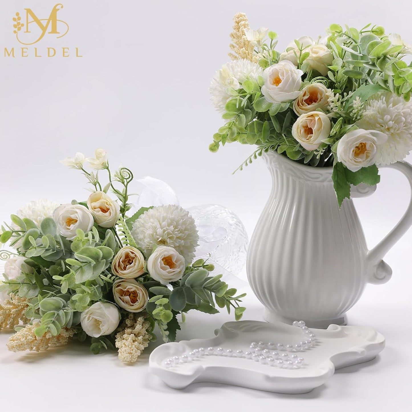 Meldel 3Pcs Rose Bouquet White&Champagne Artificial Flowers Eucalyptus Plants Silk Flower Arrangements Wedding Bouquets Decorations Plastic Floral Centerpieces for Home Kitchen Garden Party Decor