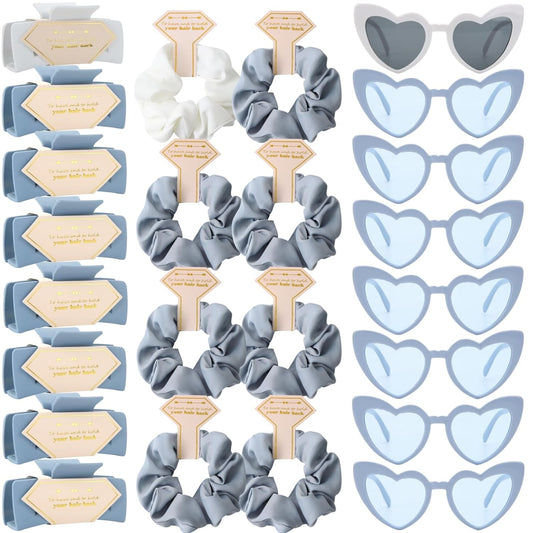 Bridesmaid Scrunchies Proposal Gifts Bachelorette Hair Claws Clips Girls heart sunglasses for Wedding Party Favors (White&Dusty Blue)