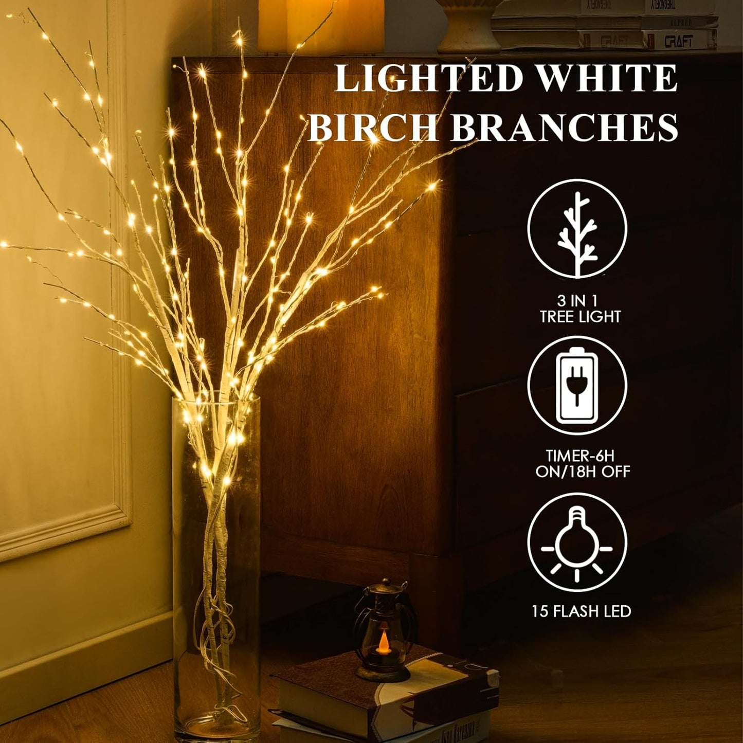 Lighted White Birch Branches With Timer 33IN 180 LED Twig for Vase Christmas Decor Artificial Tree Branch Holiday Parent