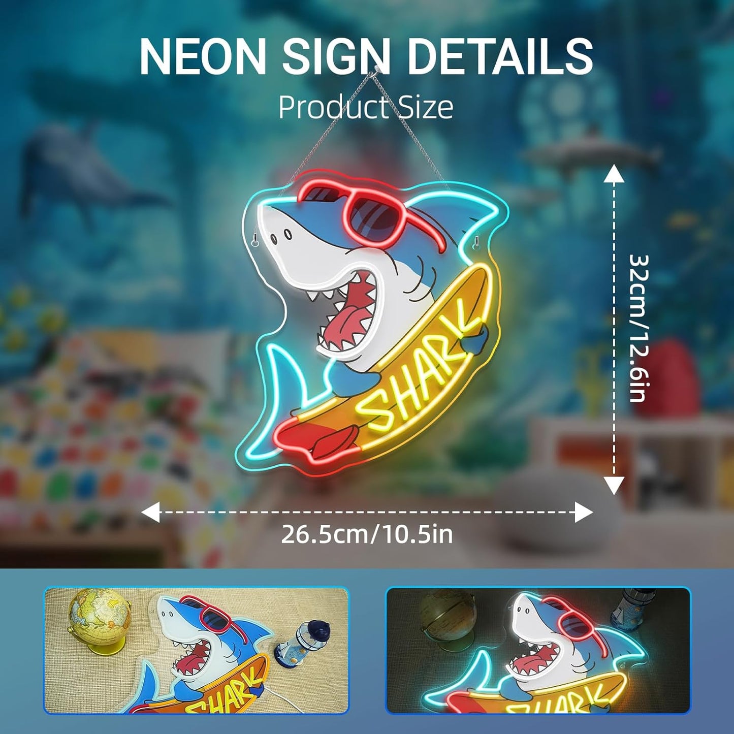 Shark Skateboard Neon Sign Edgy Sunglasses Shark LED Neon Signs for Wall Decor Man Cave & Game Room Oceanarium Led Light for Beach Bar&Shop Decor Unique Gift for Shark Lovers