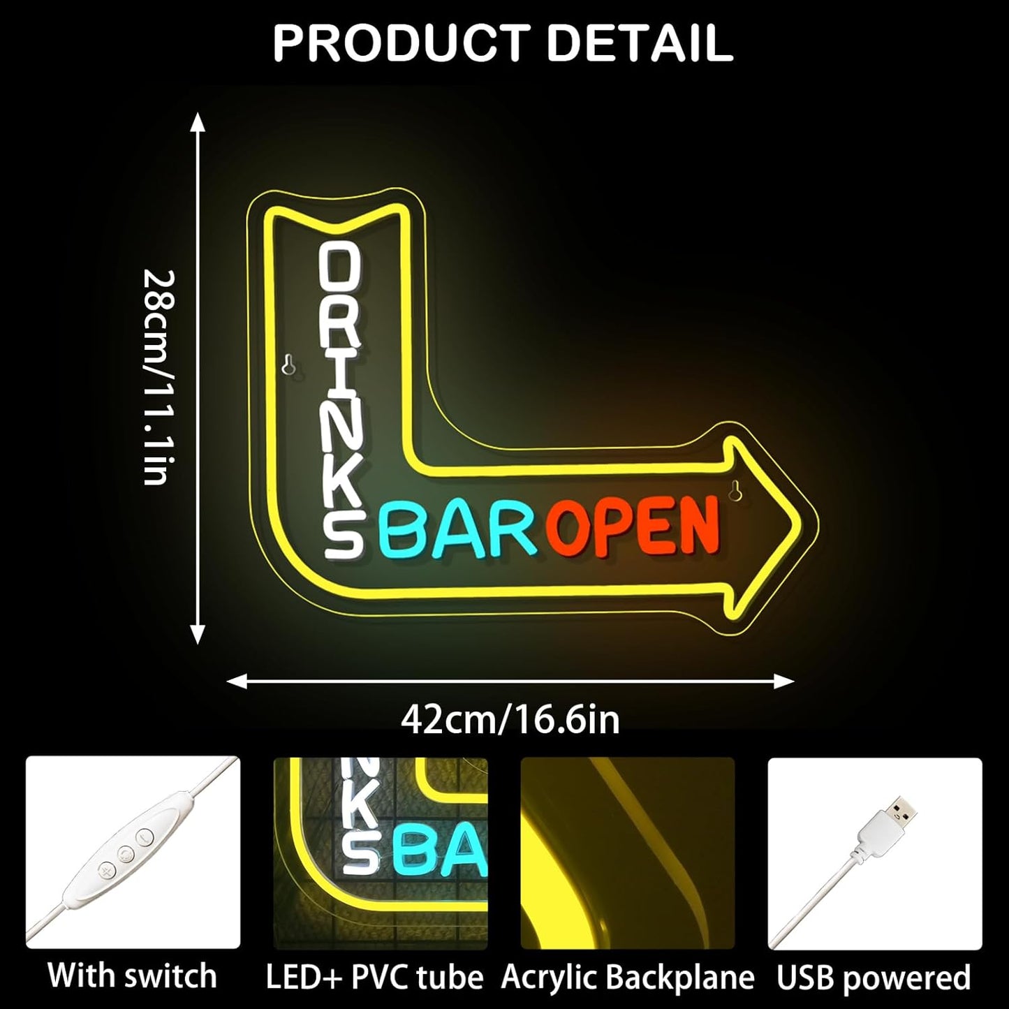 Looklight Drinks Bar Open Neon Sign for Wall Decor Right Arrow LED Light Sign Decoration for Bar Restaurant Man Cave Parties Cart Accessories, Get Your Business Seen Day or Night