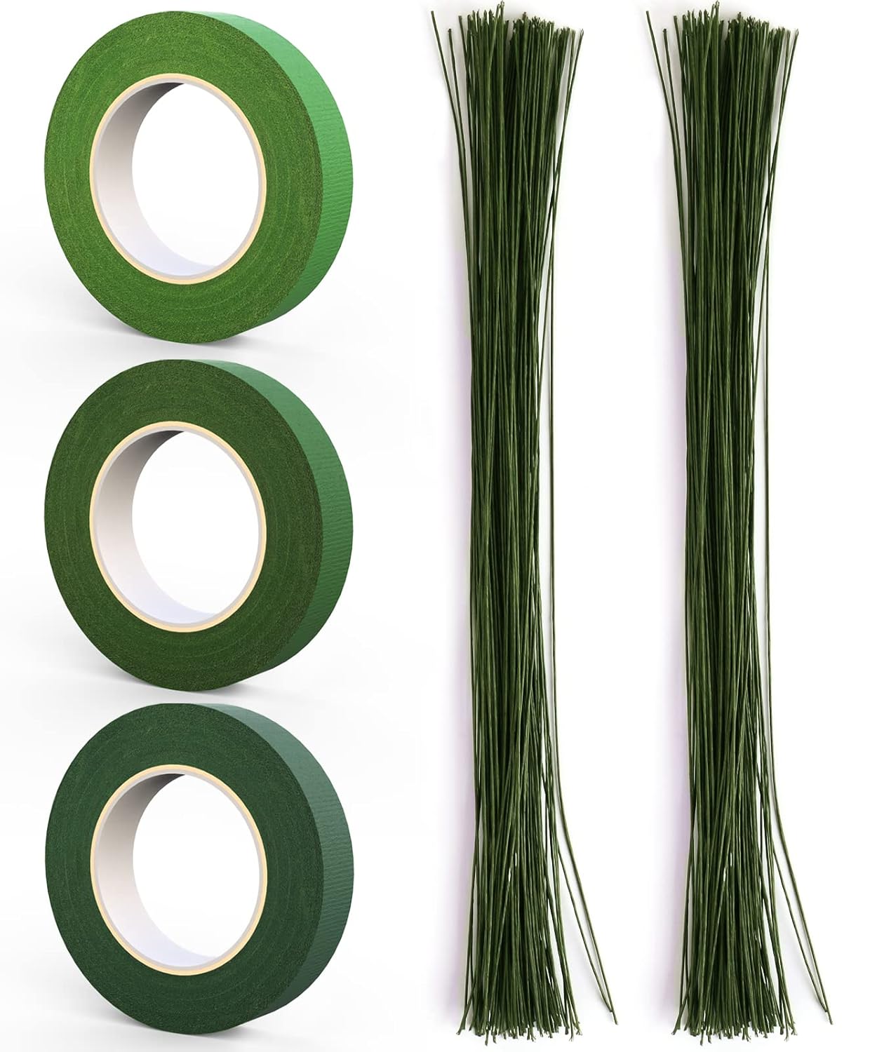 GLAMFIELDS 200 Pieces Green Floral Stem Wire 14 inch 22 Gauge Wire and 3 Rolls 1/2" Wide Floral Tape (30Yard/roll) for Bouquet Stem Wrap, Flower Arrangements Kit, DIY Crafts, Flower Making Supplies