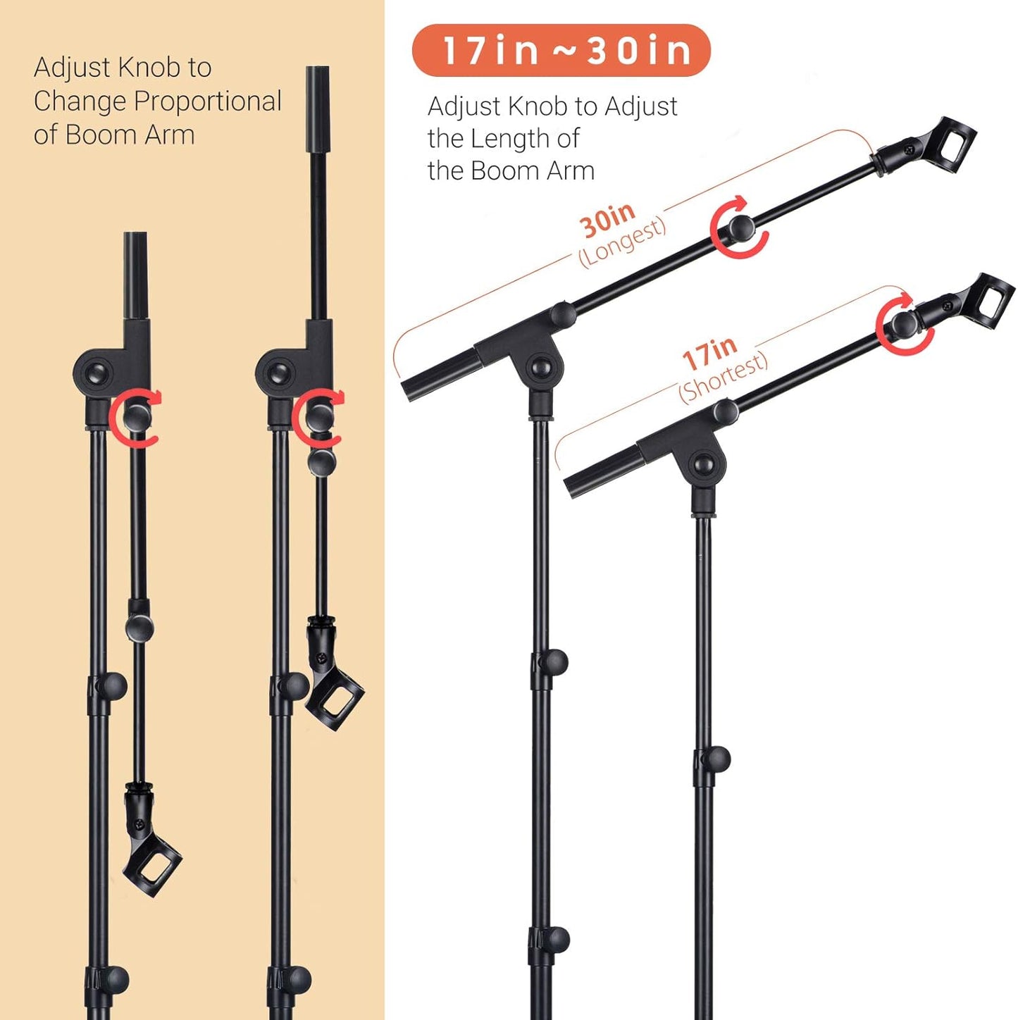 CAHAYA Mic Stand Tripod Boom Arm Floor Microphone Stand Height Adjustable with Carrying Bag and 2 Mic Clips 3/8" to 5/8" Adapter for Singing Performance Podcast