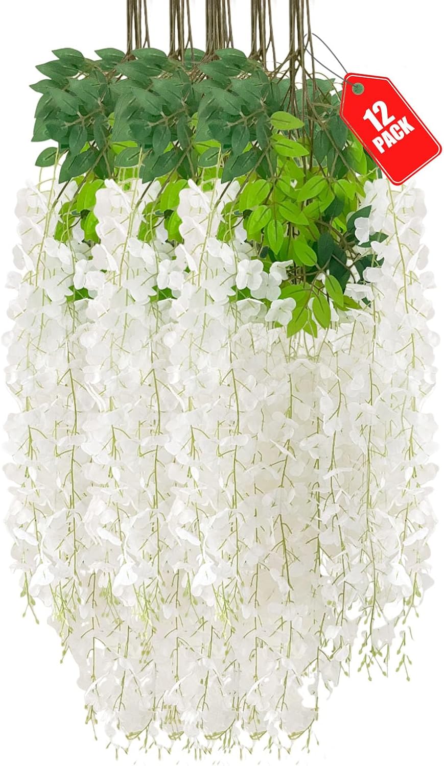 12 Pack White Wisteria Hanging Flowers, 3.44 Ft Fake Hanging Flowers, Artificial Wisteria Garland Vines for Wedding Room Backdrop Outdoor Patio Garden Decoration