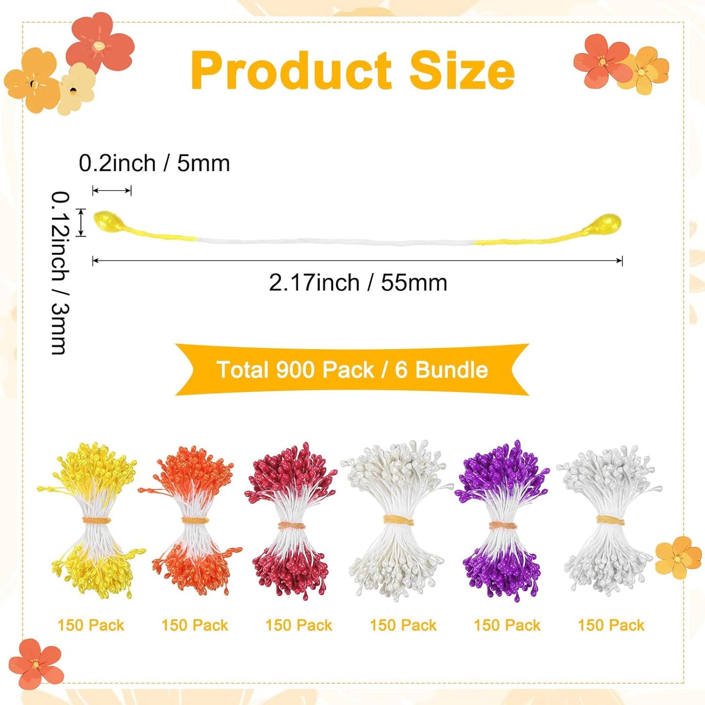 900-Pack Flower Stamens for Crafts, 5mm Double Heads Artificial Pearl Floral Pistil Mini Flower Pollens Stamens for DIY Making/Scrapbook Decoration [Orange and 5 Colors]