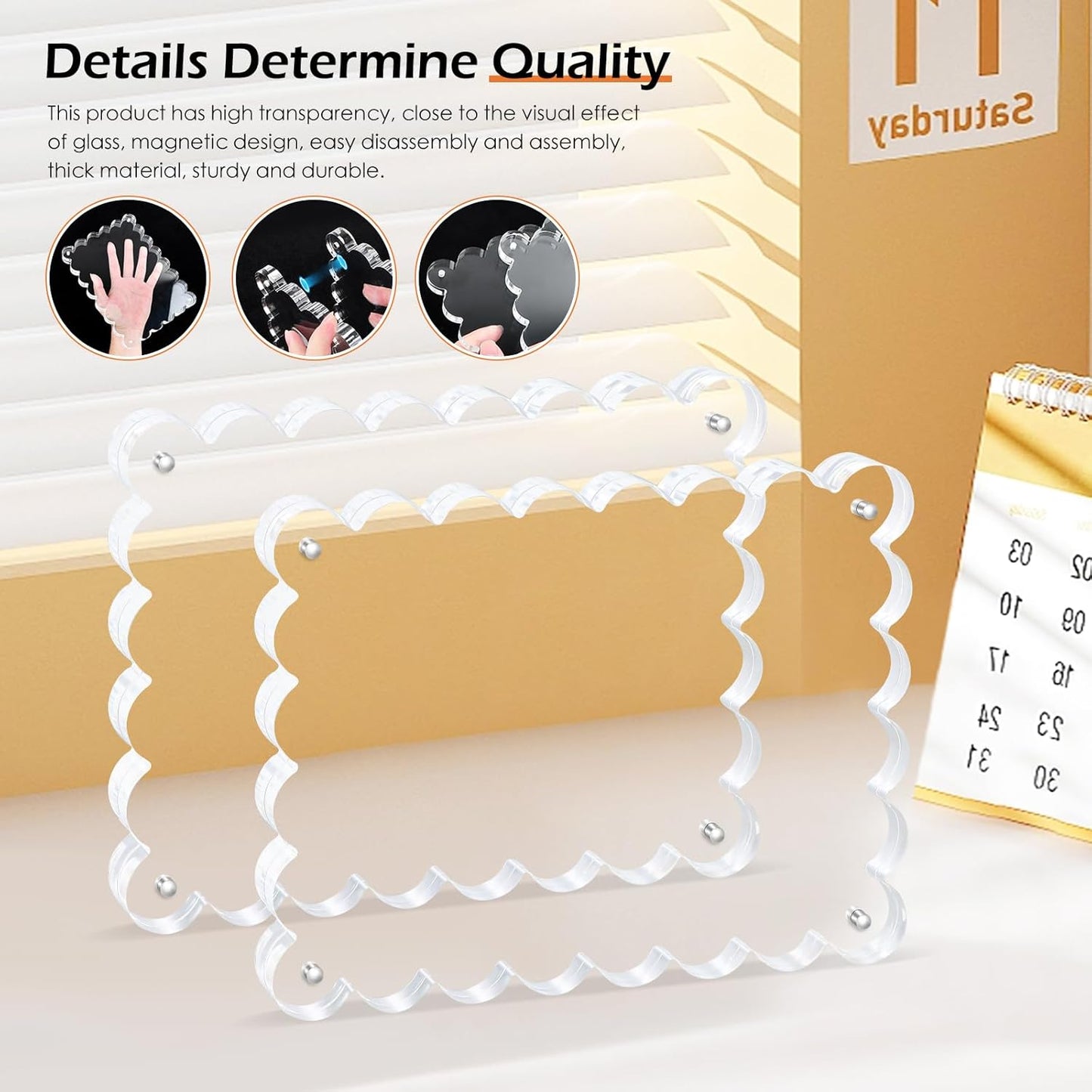 Magnetic Photo Frame 6×8Inch -3Pack Acrylic Scalloped Glass Frames, 12+12mm Thick Double-Sided Design, Clear Picture Frame with Thick Block | Trendy Home Gift Set Stylish Acrylic Frames (3Pack, 6×8)